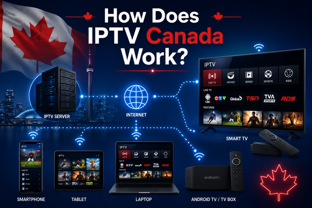 How Does IPTV Canada Work? Diagram showing an IPTV server, internet connection, Smart TV, Firestick, Android TV, smartphone, tablet, and laptop streaming IPTV content in Canada.