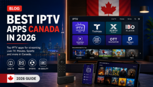 Best IPTV Apps Canada 2026 featuring IPTV Smarters Pro, TiviMate, XCIPTV, IBO Player, OTT Navigator, and Perfect Player on Smart TV, Firestick, smartphone, and tablet.