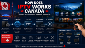 How does IPTV Works Canada infographic showing IPTV servers, internet connection, IPTV app, streaming devices, and smooth HD/4K IPTV Canada streaming process.