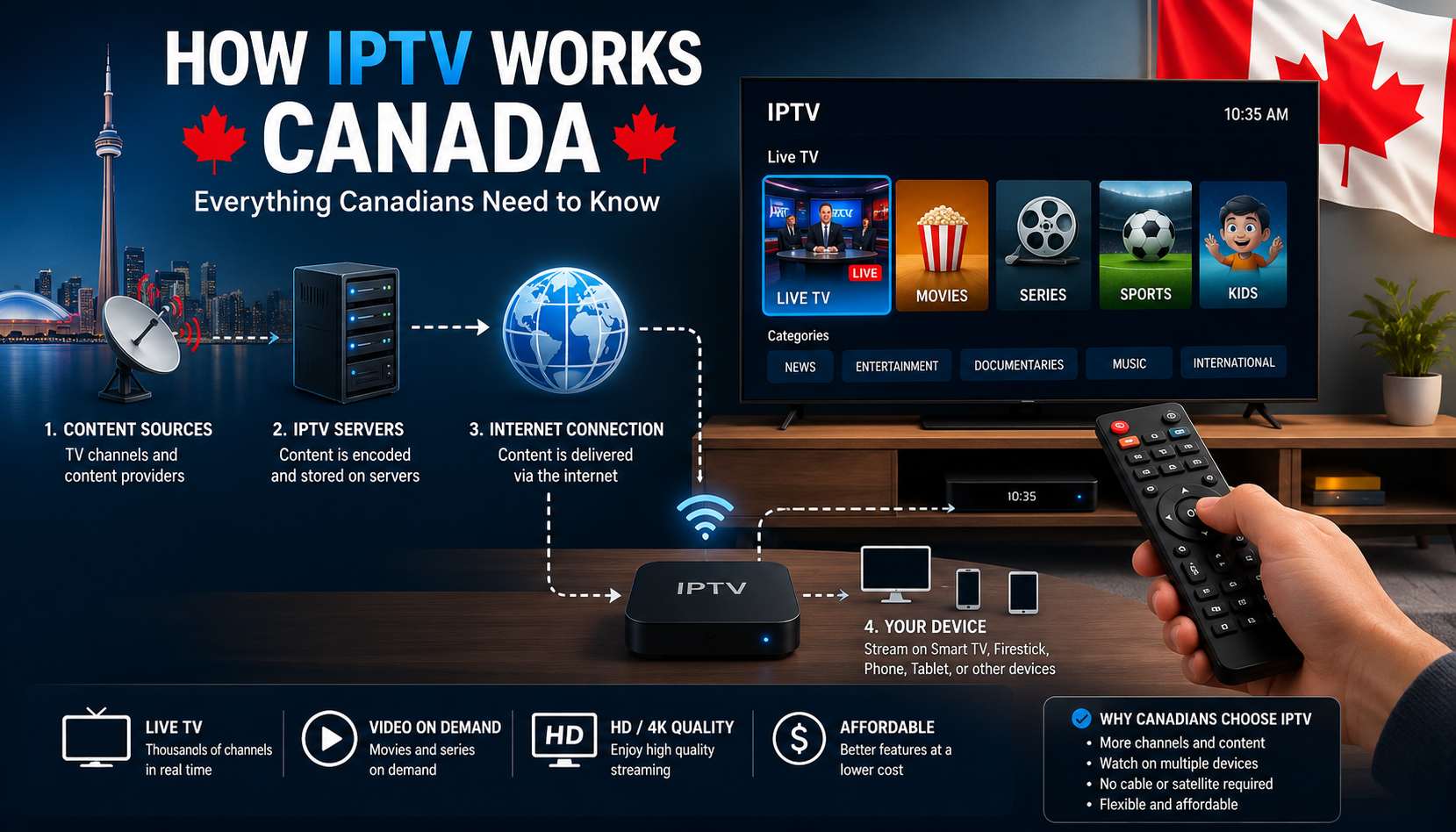 How IPTV Works Canada infographic showing IPTV streaming from servers to Smart TV with internet connection and compatible streaming devices.