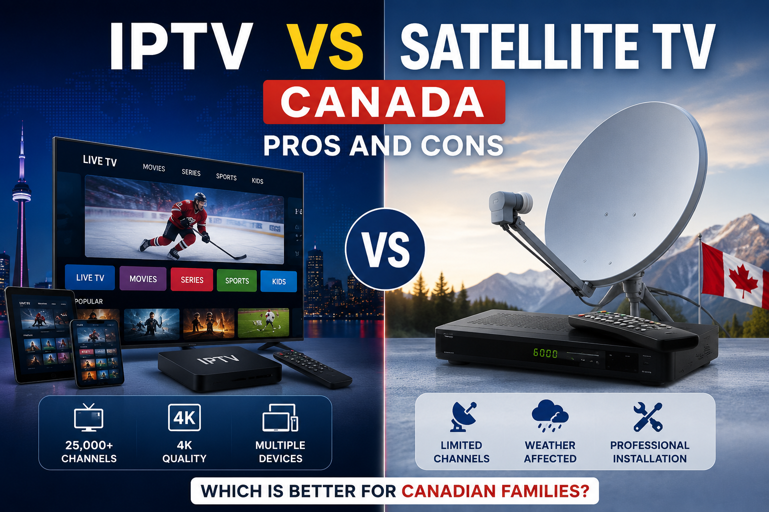 IPTV vs Satellite tv Canada comparison showing the pros and cons for Canadian households
