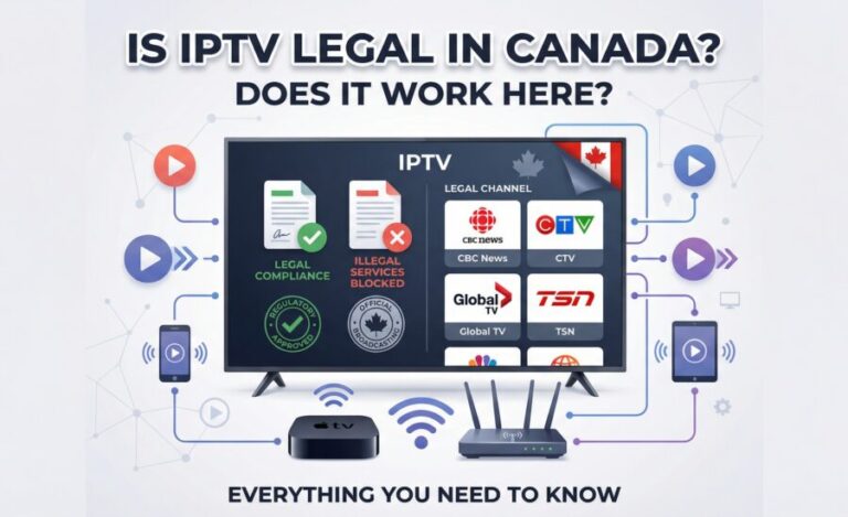 Is IPTV Legal in Canada illustration showing a Canadian family using a legal IPTV streaming service on a Smart TV.