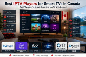 Best IPTV player canada for Smart TVs in Canada, featuring TiviMate, IPTV Smarters Pro, IBO Player, Sparkle TV, OTT Navigator, and XCIPTV for IPTV Canada users.